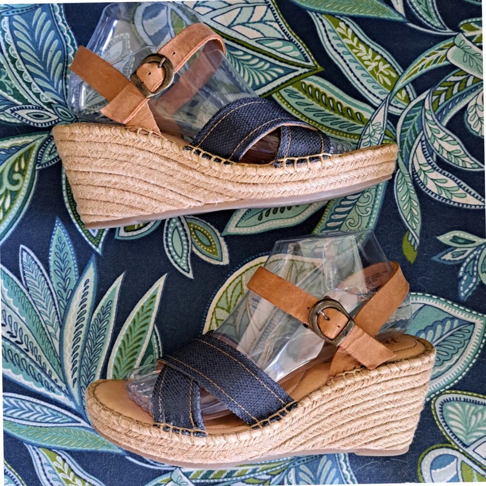 Born Tan Leather and denim blue Espadrille Wedge Sandals - Picture 2 of 10